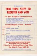 Flyer detailing steps to register and vote with registration location and date. 1 page.