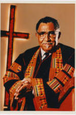 A portrait photo of Joseph E. Lowery in a kente cloth clergy robe.