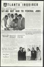 The front page of The Atlanta Inquirer is dated April 22nd, 1961. The newspaper issue features seven front-page articles:: "Attorney General Tells Inquirer: SIT-INS NOT BAR TO FEDERAL JOBS," "Pool Creek Pigeonholed Again," "Transit Co. Preps Negro Drivers," "Negro Lawyers To Hear Sec. of State Rusk At Biltmore," "Symposium At Clark College Honors Faculty Author," "Lockheed Council Reports Job Forms Pouring In," and "Poole Creek Civic League Prest Ousted." 1 page.