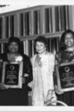 Joseph and Evelyn Lowery are shown posing with Drum Major for Justice Award recipients Betty Shabazz and Myrlie Evers during the 12th Annual Drum Major for Justice Awards dinner.