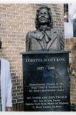 Evelyn G. Lowery poses for a photo with Bernice King standing next the Coretta Scott King memorial monument at Mt. Tabor A.M.E. Zion Church.