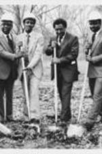 Southern Christian Leadership Conference President Joseph E. Lowery is shown with others at a groundbreaking ceremony for the Wesley Plaza housing development. A photo from this event is featured on page 71 of the June-July 1981 SCLC Magazine issue: http://hdl.handle.net/20.500.12322/auc.199:07018. Written on verso: Louisiana state and Baton Rouge ministers join SCLC President Joseph E. Lowery (3rd from right) in groundbreaking ceremonies for the new Wesley Plaza housing development for the handicapped and elderly in Baton Rouge, Louisiana. SCLC is sponsoring the project through the Wesley United Methodist Church pastored by the Rev. L. L. Haines (2nd from left).