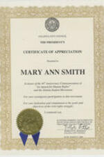 Certificate of Appreciation from the Atlanta City Council presented to Mary Ann Smith in honor of the 40th anniversary of the Atlanta Student Movement and the "An Appeal for Human Rights". 1 page.