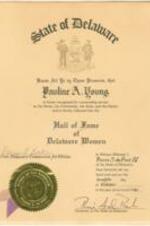 A certificate inducting Pauline A. Young into the Hall of Fame of Delaware Women.
