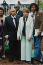 Joseph and Evelyn Lowery are shown with sculptor Ronald Scott McDowell (second from right), Johnnie Carr (first on left), and others at the Rosa Parks Memorial unveiling ceremony at Alabama State University.