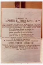 Photograph of the writing on the statue of Dr. MLK. On statue: In Memory of Martin Luther King, Jr. 48 Outstanding Alumnus of Morehouse College World-Famous Leader of the Non-Violent Movement Distinguished Winner of the Nobel Peace Prize. From Morehouse College he launched his humanitarian pilgrimage to create the beloved community and for that purpose he moved out from the classroom and his pulpit to march his way into immortality. This Statue is a Gift of the National Baptist Convention. U.S.A., Inc. T.J. Jemison President, W. Franklyn Richardson, General Secretary Morehouse College, Thomas Kilgore Jr., Chairman of the Board of Trustees, Hugh M. Gloster, President of the College, Lawrence Edward Carter. Dean of the Chapel. May 20, 1984.