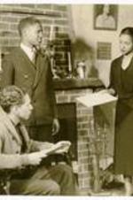 View of actors on stage. Written on verso: Icebound, 1938-1939; Left to right: 1. Mayo Partee 2. William Nix 3. Thelma Wornell.
