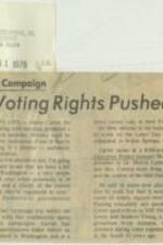 Article about presidential nominee Jimmy Carter promising a mostly Black audience, including Dr. Martin Luther King Sr. and Mrs. Coretta Scott King, that he will work towards automatic voter registration for all US citizens at 18 years old, regardless of whether he is elected or not, during a Voter Education Project banquet in 1976. 1 page.