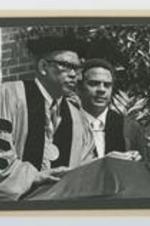 Written on verso: Clark College Commencement Exercises ca. May 1975, Left to right: 1. Dr. Alfred Turk, 2. Rev. Andrew Young, Speaker, 3. Dr. Vivian Wilson Henderson, President.