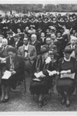 View of the crowd and graduates during the dedication ceremony for the Trevor Arnett Library. Written on verso: Dedication Trevor Arnett library dedication, June, 1949
