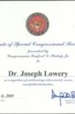 A certificate of recognition presented to Joseph E. Lowery for his public service by Congressman Sanford D. Bishop, Jr. 1 page.