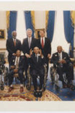 Standing, U.S. Surgeon General David Satcher, President Bill Clinton, and Vice President Al Gore pose for a photo with survivors of the Tuskegee Syphilis Study during a White House event at which Clinton apologized for the government sponsored study. In the front are Herman Shaw, Fred Simmons, Charles Pollard, Frederick Moss, and Carter Howard.