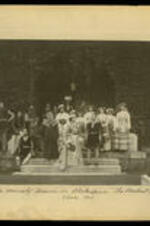Atlanta University seniors in Shakespeare's "The Merchant of Venice." Will Andrews (seated left), J.H. Butler (on stone behind), Fannie M. Howard (front), with T. K. Gibson, and unidentified students.