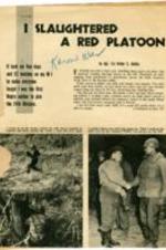 "I Slaughtered a Red Platoon" first page of an article by Sergeant first class Arthur C. Dudley retelling how he killed a platoon of Korean soldiers.