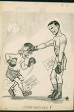 A boxer symbolizing the "Law of the Land" holds back another smaller white boxer symbolizing the "South's Tradition on Race". Written on recto: "Over-Matched!".