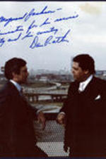 View of Mayor Jackson and Dan Rather on a bridge in Atlanta. Written on recto: For Mayor Maynard Jackson - In admiration for his services to his city and his country. Dan Rather