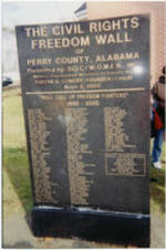 A photo of "The Civil Rights Freedom Wall of Perry County, Alabama" located outside of Zion United Methodist Church in Marion, Alabama. The marker was presented by SCLC/WOMEN.