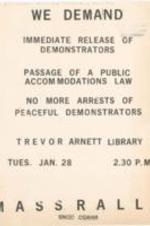 Student Nonviolent Coordinating Committee (SNCC) flyer promoting a rally at Trevor Arnett Library protesting the arrest of demonstrators.