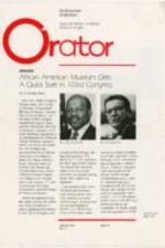 The May 1993 issue of Orator, a publication from the National African American Museum Project of the Smithsonian Institution. 10 pages.
