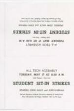 A placard for the All Tech Assembly on student sit-in strikes with speakers John mack and John Parham. 1 Page.