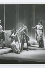 View of actors on stage; written on verso: Summer Theare 1958, "Tiger at the Gates" - Malbour Watson, Georgia Allen, William K. Dease, and June Walker.