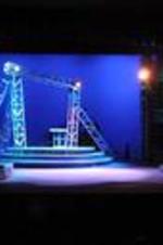 View of the stage set during a production of Antigone.