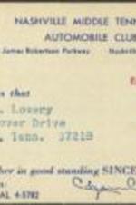 Evelyn G. Lowery's membership card for the Nashville Middle Tennessee Automobile Club.