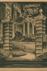 A print made by Hale Woodruff of the entrance to Spelman College's campus.