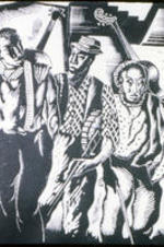 A slide of Hale Woodruff's linocut print entitled "Three Musicians."