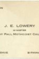 A business card for Joseph E. Lowery in his capacity as the minister for Saint Paul Methodist Church in Birmingham, Alabama.