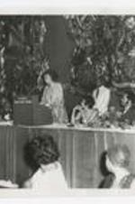 Written on verso: Clark College - Alumni ca. 1979, Alumni Banquet Atlanta, Left to right: 1. 2. Mr. Edward Simon 3., 4. 5. Mrs. Juanita Eber 6. Mr. [?]raggins, 7. 8. Dr. Elias Blake Jr.