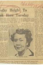 "Dorothy Height To Speak Here Tuesday" article on Dorothy Irene Height speaking at the of the National Women's League of the United Synagogue of America. 1 page.