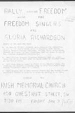 Student Nonviolent Coordinating Committee (SNCC) flyer promoting a rally with the freedom singers and listing past SNCC events.