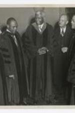 A portrait of all the presidents of the university, wearing graduation robes, at convocation. Written on verso: Presidents - Richardson, HV, Brawley, J.P., Mays, B.E., Lewis, Clement R.E., Read, H[?].