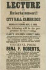 A flyer advertising a lecture and entertainment at City Hall, Cambridge for August 6, 1866 in Boston.