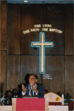 Southern Christian Leadership Conference (SCLC) President Joseph E. Lowery is shown speaking at a SCLC Spring Board meeting held at Grace Temple Baptist Church in Detroit, Michigan.