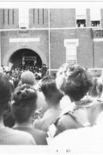 Everett Millican speaks to a crowd from the steps of Stone Hall (now Fountain Hall) at his political rally.