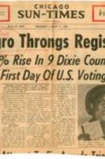 "Negro Throngs Register" article on a large rise of Black voters in southern counties in Alabama, Mississippi, and Louisiana.