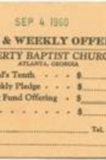 An envelope for tithes and weekly offerings for Liberty Baptist Church.