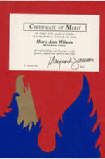Certificate of Merit from Mayor Maynard Jackson presented to Mary Ann Wilson for contributions to the city of Atlanta. In reference to "Atlanta Student Movement 30th Anniversary Event, November 10, 1990". 1 page.