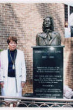Evelyn G. Lowery poses for a photo with Christine King Farris (left) and an unidentified woman (right) next to the memorial monument dedicated to Coretta Scott King at Mt. Tabor A.M.E. Zion Church.