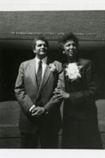 Portrait of Dr. Donald Mitchell Stewart and Isabel Stewart at the Donald and Isabel Stewart Living and Learning Center dedication. Written on verso: Dr. Donald Mitchell Stewart (6th President of Spelman College and President Emeritus) and Mrs. Isabel Stewart at center dedication.