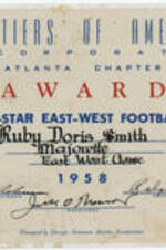 This is an award card for Ruby D. Smith. She was a majorette at the first all-star east-west football game. 1 page.
