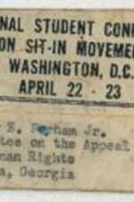 Johnny E. Parham Jr.'s card for the National Student Conference on Sit-In Movement in Washington D.C. from April 22nd to the 23rd. 1 page.
