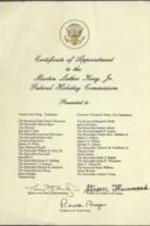The certificate of appointment to the Martin Luther King, Jr. Federal Holiday Commission containing the full list of appointees and signed by Thomas P. O'Neill, Strom Thurmond, and Ronald Reagan. 1 page.