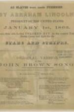 A flyer calling for freed black men to join the United States army. Includes the original version of the John Brown song and a political cartoon. 2 pages.