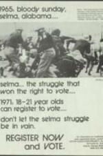 Flyer depicting the struggle in Selma, Alabama, and urging young voters to exercise their right to vote so as to not revisit this horrible event. 1 page.