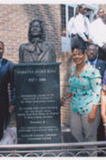 Evelyn G. Lowery poses for a photo with other people (including Christine King Farris and Bernice King) around the memorial monument dedicated to Coretta Scott King at Mt. Tabor A.M.E. Zion Church.
