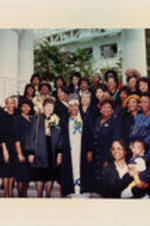 SCLC/W.O.M.E.N. founder and convener Evelyn G. Lowery (first row, fifth from left), poses for a photo with SCLC/W.O.M.E.N. members and others, including Winnie Mandela (next to Lowery). A duplicate of this photo can be found at http://hdl.handle.net/20.500.12322/auc.199:05099.