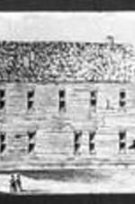 A drawing of a wood building.
